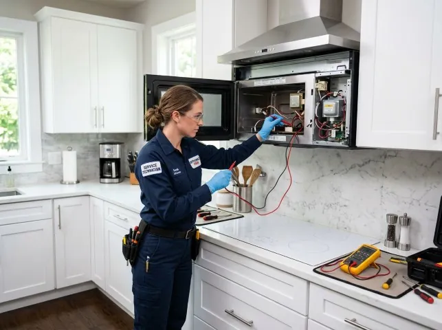Appliance Repair Hero technician testing an over-the-range microwave in a Apache Junction, AZ kitchen